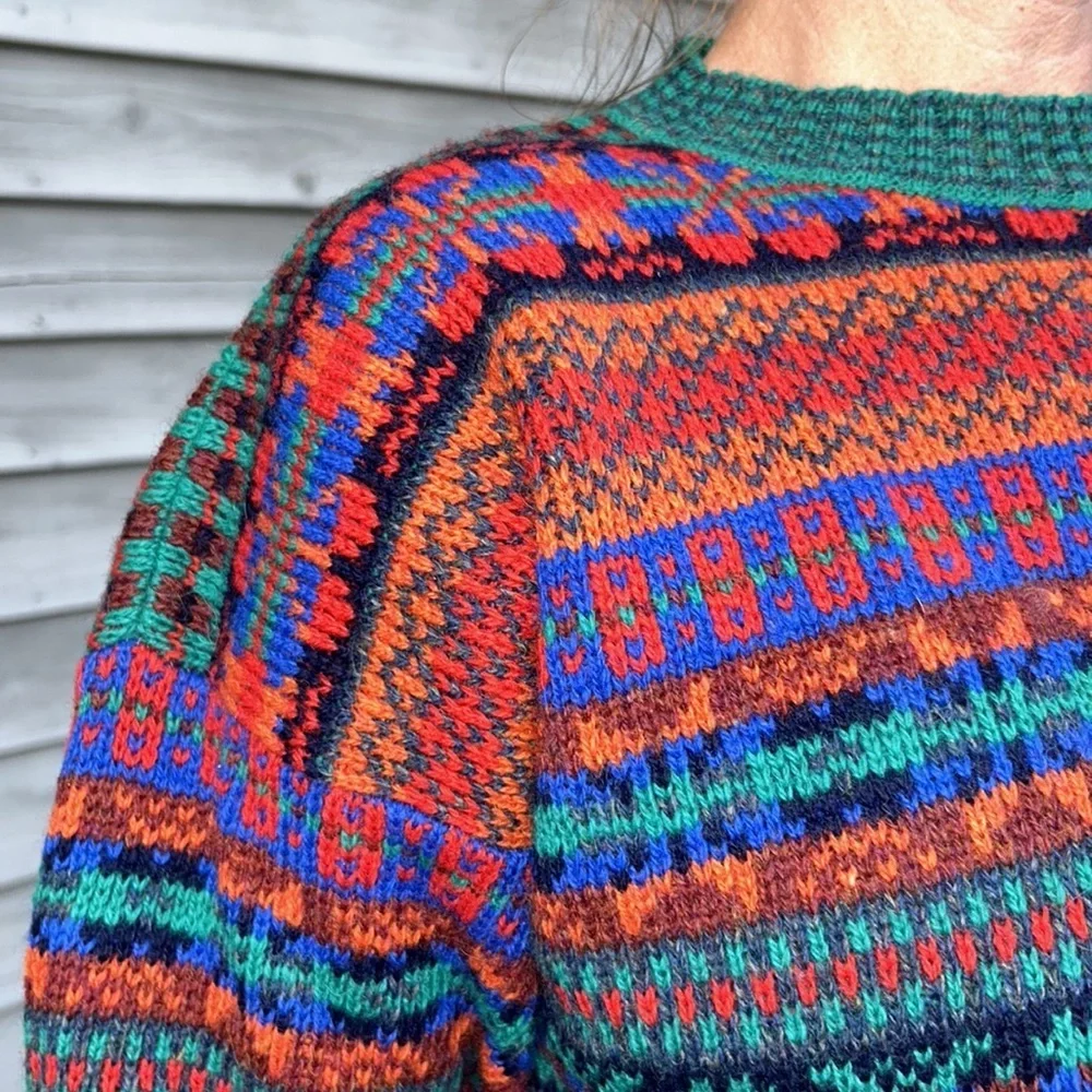 Vintage‎ Wendy Lawrence Welsh Wool Sweater Hand Knit Bright Colors Fair Isle S-L